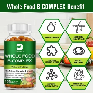 BEWORTHS Vitamin B Complex Capsules B1,B2,B3,B5,B6,B7,B12 Whole Food Supplement for Stress, Energy